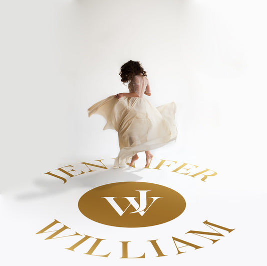 Interlocked Initials Seal Dance Floor Decal for Wedding in gold on a white wedding dance floor