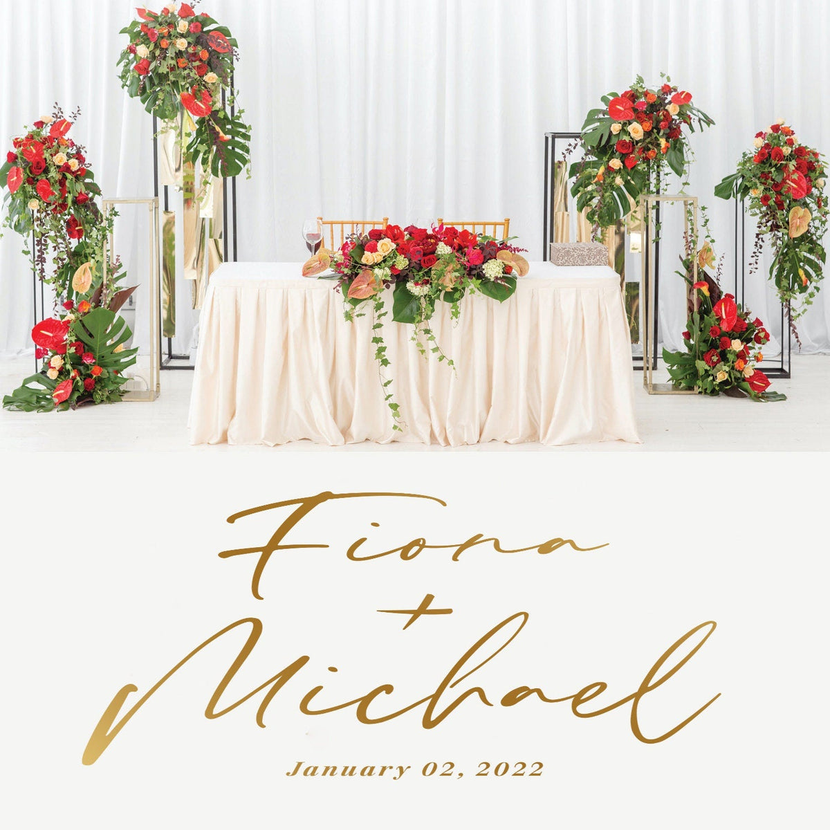 Italic Signature Names Dance Floor Decal for Wedding shown at a wedding reception