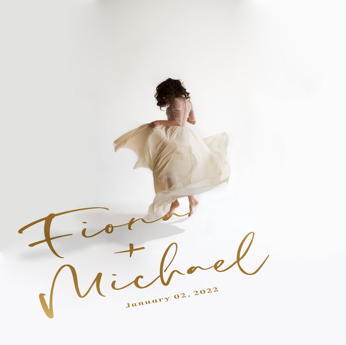 Italic Signature Names Dance Floor Decal for Wedding in gold on a white wedding dance floor