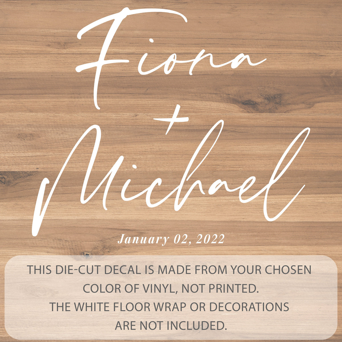 Italic Signature Names Dance Floor Decal for Wedding shown at a wedding reception