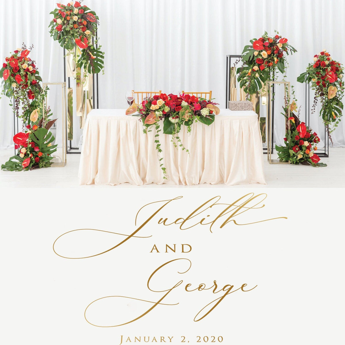 Flourished Calligraphy Dance Floor Decal for Wedding shown at a wedding reception