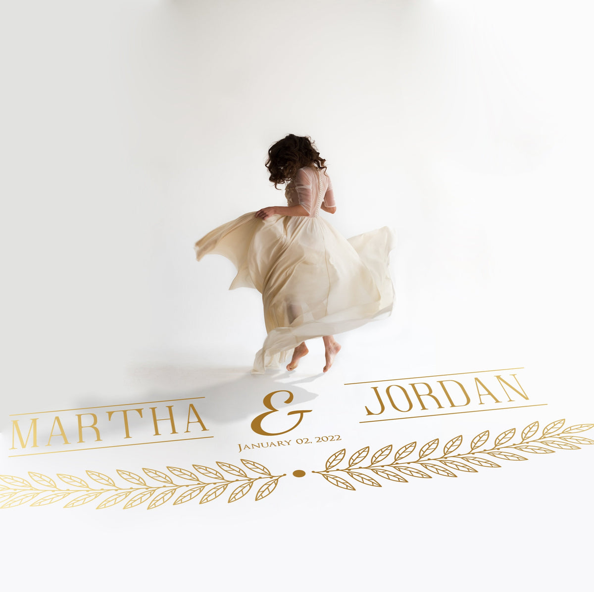Art Deco Banner Dance Floor Decal for Wedding in gold on a white wedding dance floor