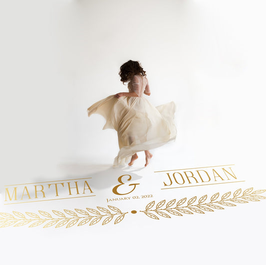 Art Deco Banner Dance Floor Decal for Wedding in gold on a white wedding dance floor