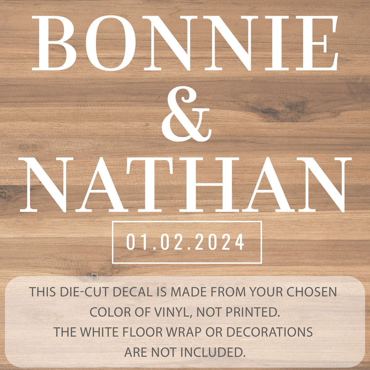 Bold Capital Names Dance Floor Decal for Wedding shown at a wedding reception