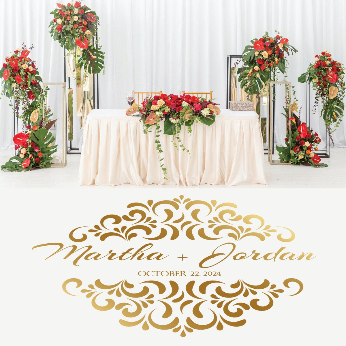 Ornamental Crest Names Dance Floor Decal for Wedding shown at a wedding reception