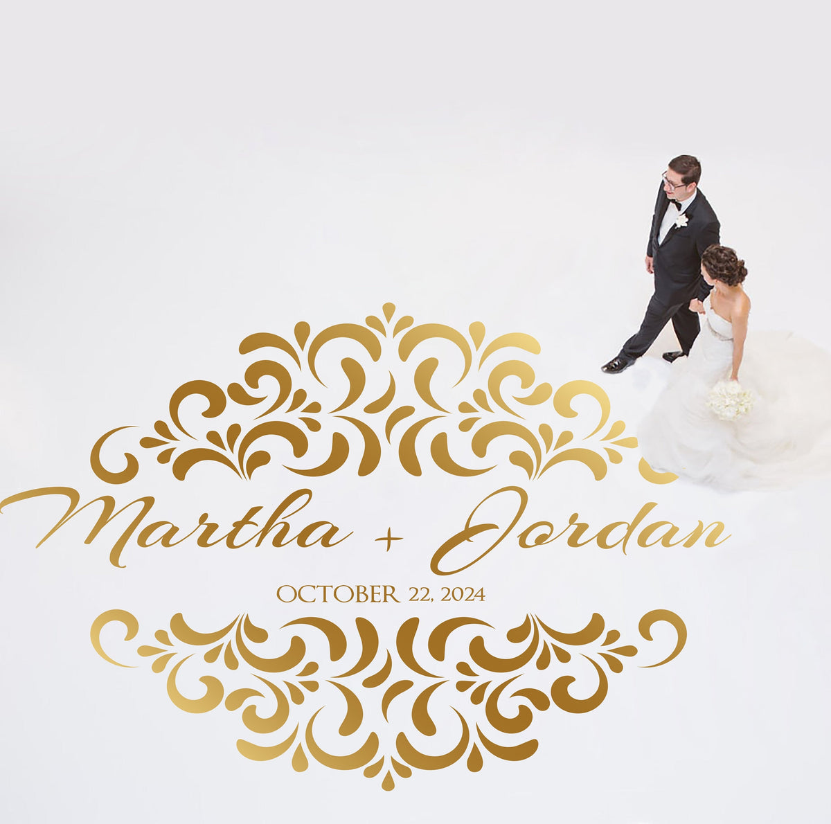 Ornamental Crest Names Dance Floor Decal for Wedding shown at a wedding reception
