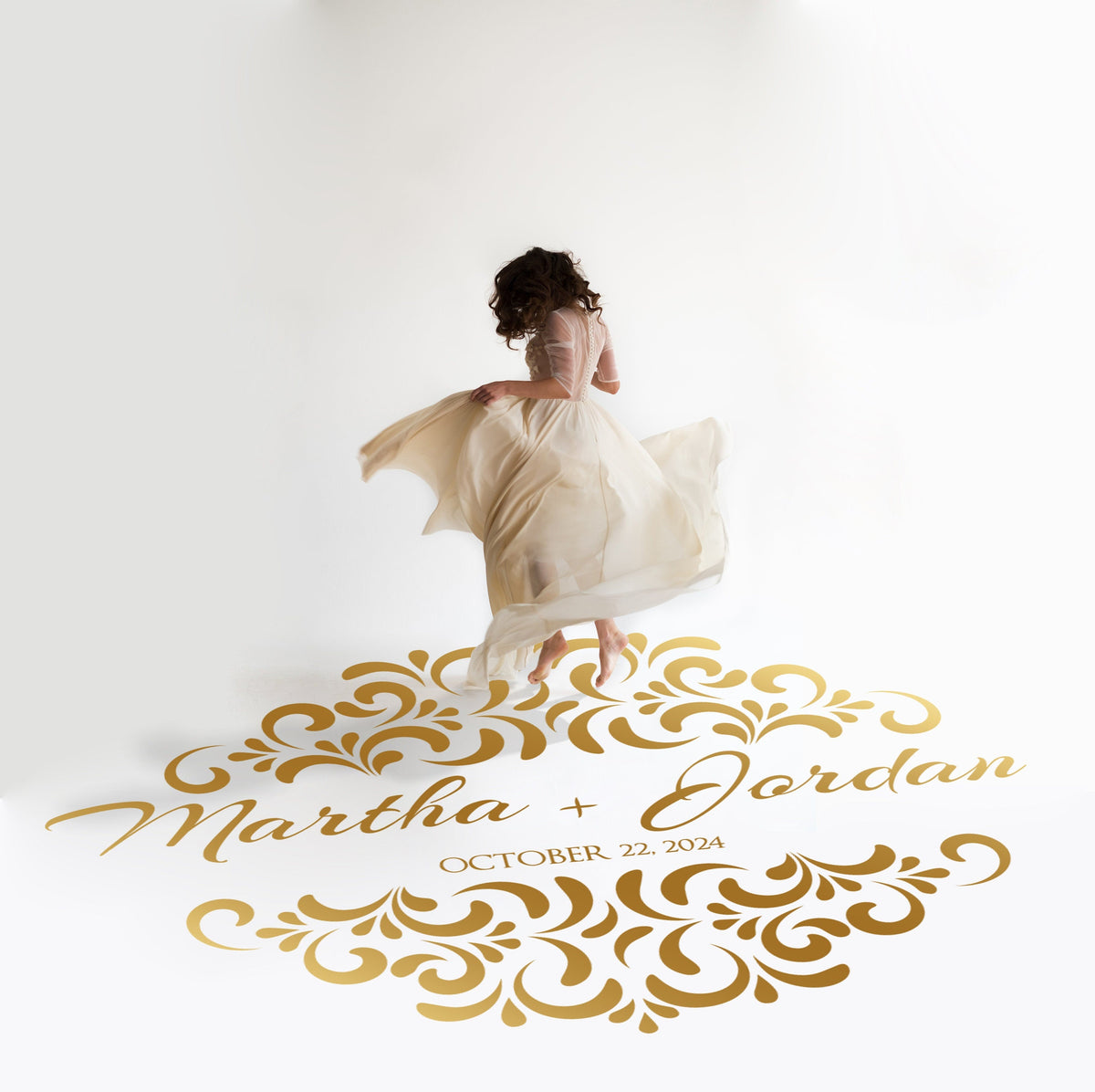Ornamental Crest Names Dance Floor Decal for Wedding in gold on a white wedding dance floor