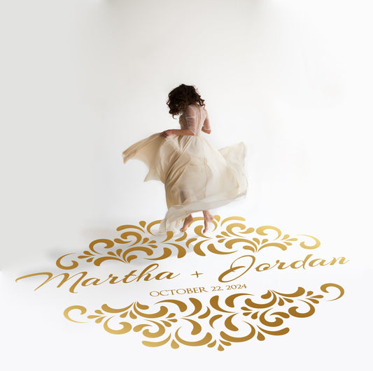 Ornamental Crest Names Dance Floor Decal for Wedding in gold on a white wedding dance floor