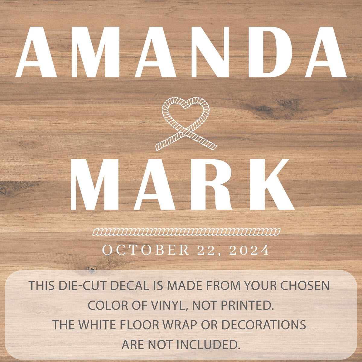 Tie the Knot Rope Heart Dance Floor Decal for Wedding shown at a wedding reception