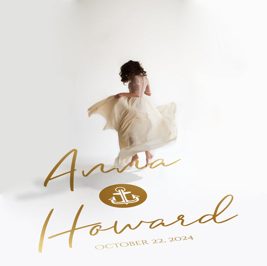 Anchor Seal Script Dance Floor Decal for Wedding in gold on a white wedding dance floor