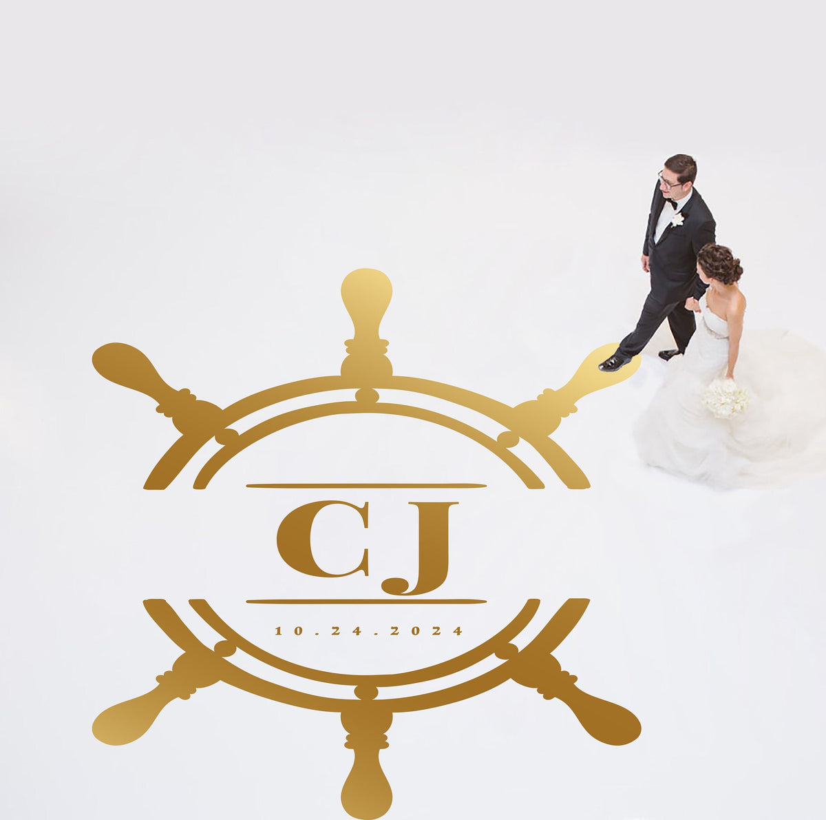 Ship Wheel Monogram Dance Floor Decal for Wedding shown at a wedding reception