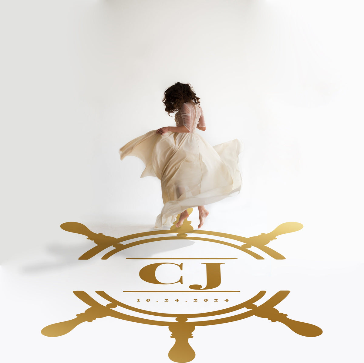 Ship Wheel Monogram Dance Floor Decal for Wedding in gold on a white wedding dance floor