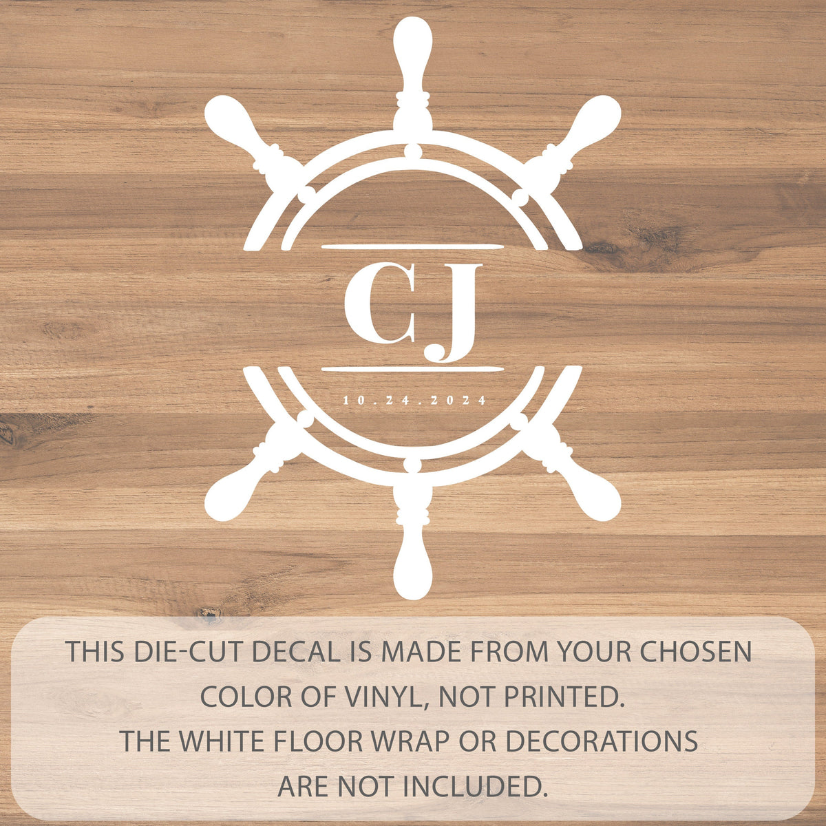 Ship Wheel Monogram Dance Floor Decal for Wedding shown at a wedding reception