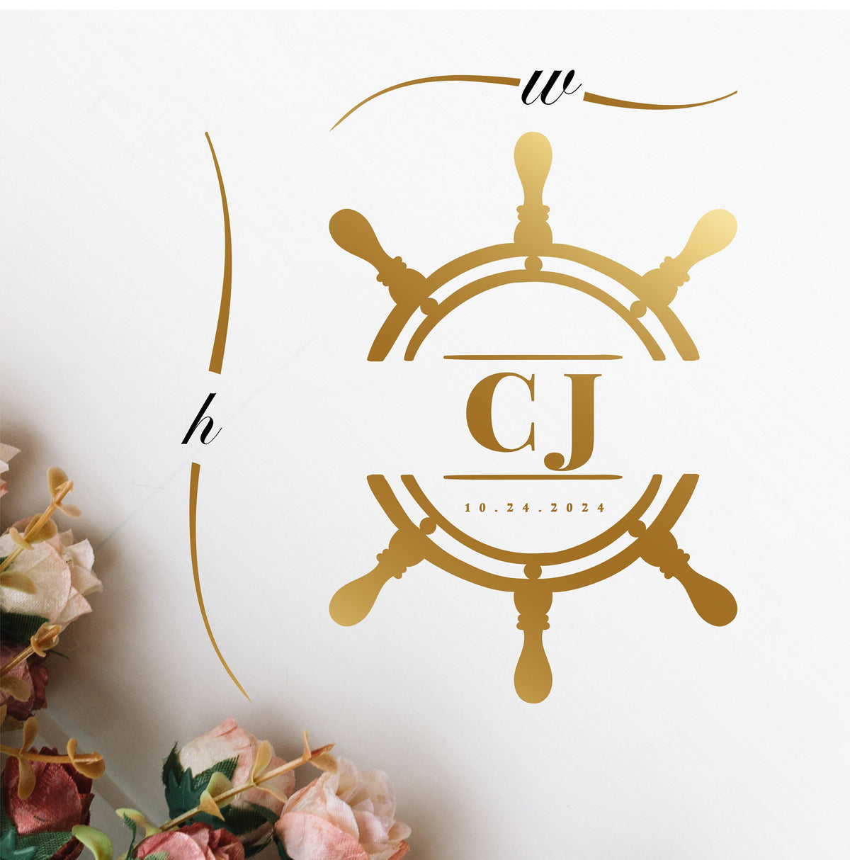 Ship Wheel Monogram Dance Floor Decal for Wedding shown at a wedding reception