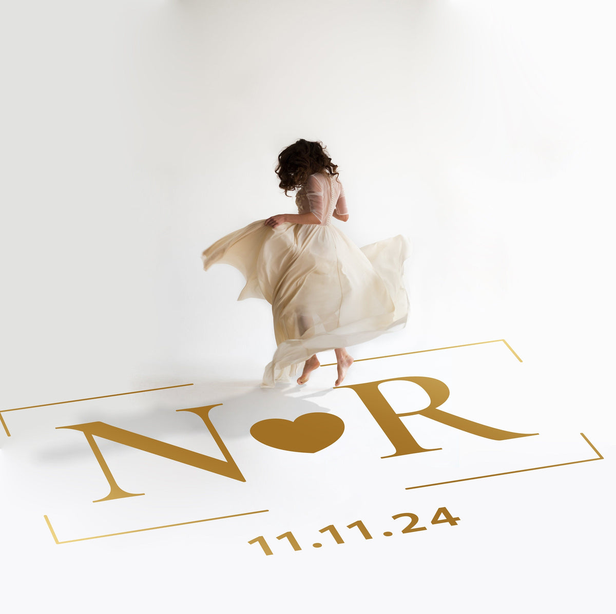 Heart Initials Frame Dance Floor Decal for Wedding in gold on a white wedding dance floor
