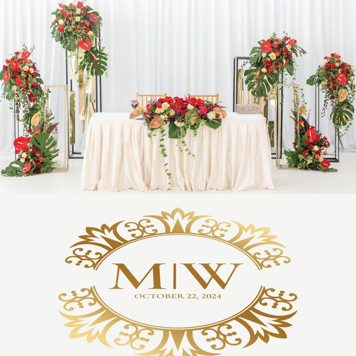 Royal Medallion Monogram Dance Floor Decal for Wedding shown at a wedding reception