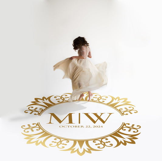 Royal Medallion Monogram Dance Floor Decal for Wedding in gold on a white wedding dance floor