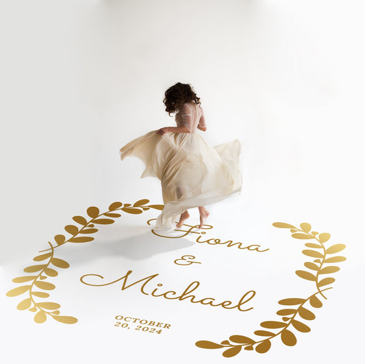 Side Laurel Columns Dance Floor Decal for Wedding in gold on a white wedding dance floor
