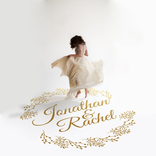 Budding Twig Wreath Dance Floor Decal for Wedding in gold on a white wedding dance floor