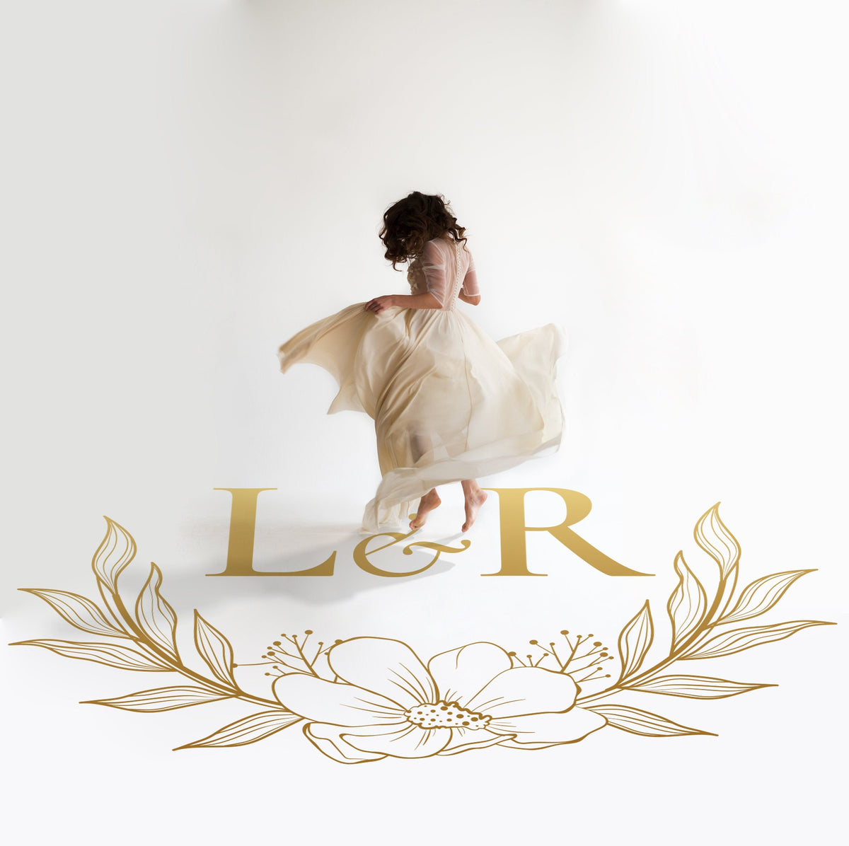 Floral Blossom Monogram Dance Floor Decal for Wedding in gold on a white wedding dance floor