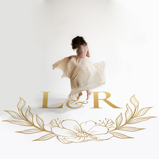 Floral Blossom Monogram Dance Floor Decal for Wedding in gold on a white wedding dance floor