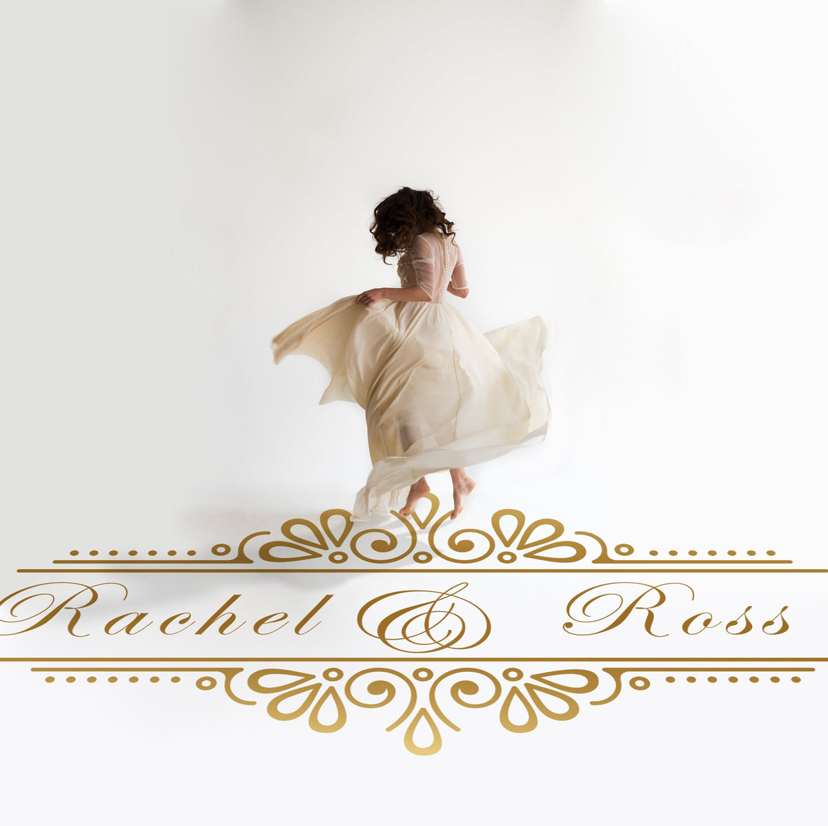 Vertical Runner Names Dance Floor Decal for Wedding in gold on a white wedding dance floor