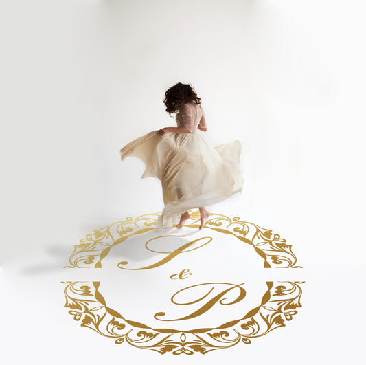Baroque Split Ring Dance Floor Decal for Wedding in gold on a white wedding dance floor
