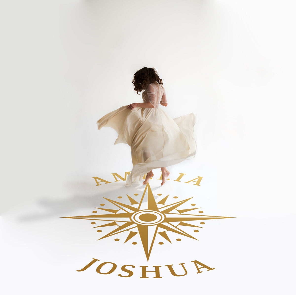 Compass Rose Names Dance Floor Decal for Wedding in gold on a white wedding dance floor