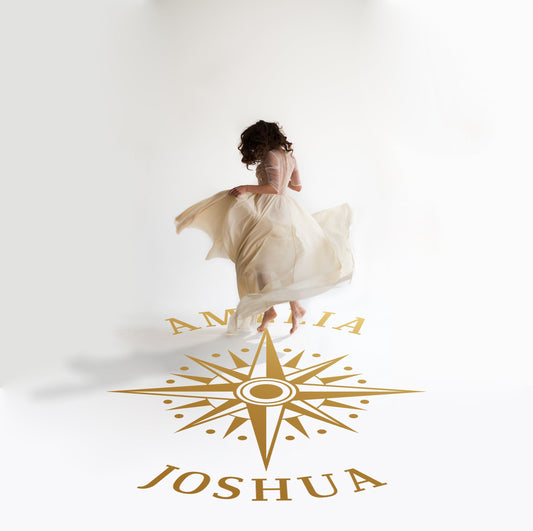 Compass Rose Names Dance Floor Decal for Wedding in gold on a white wedding dance floor