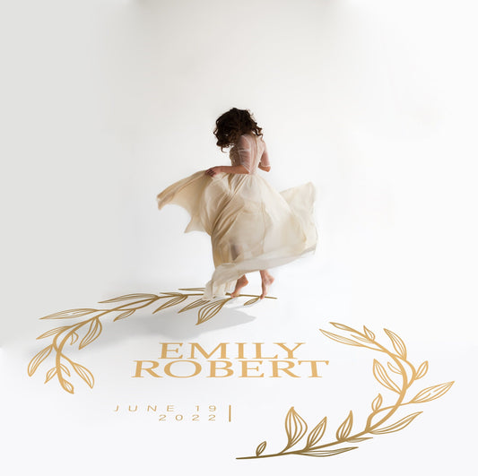 Leafy Wreath Dance Floor Decal for Wedding in gold on a white wedding dance floor