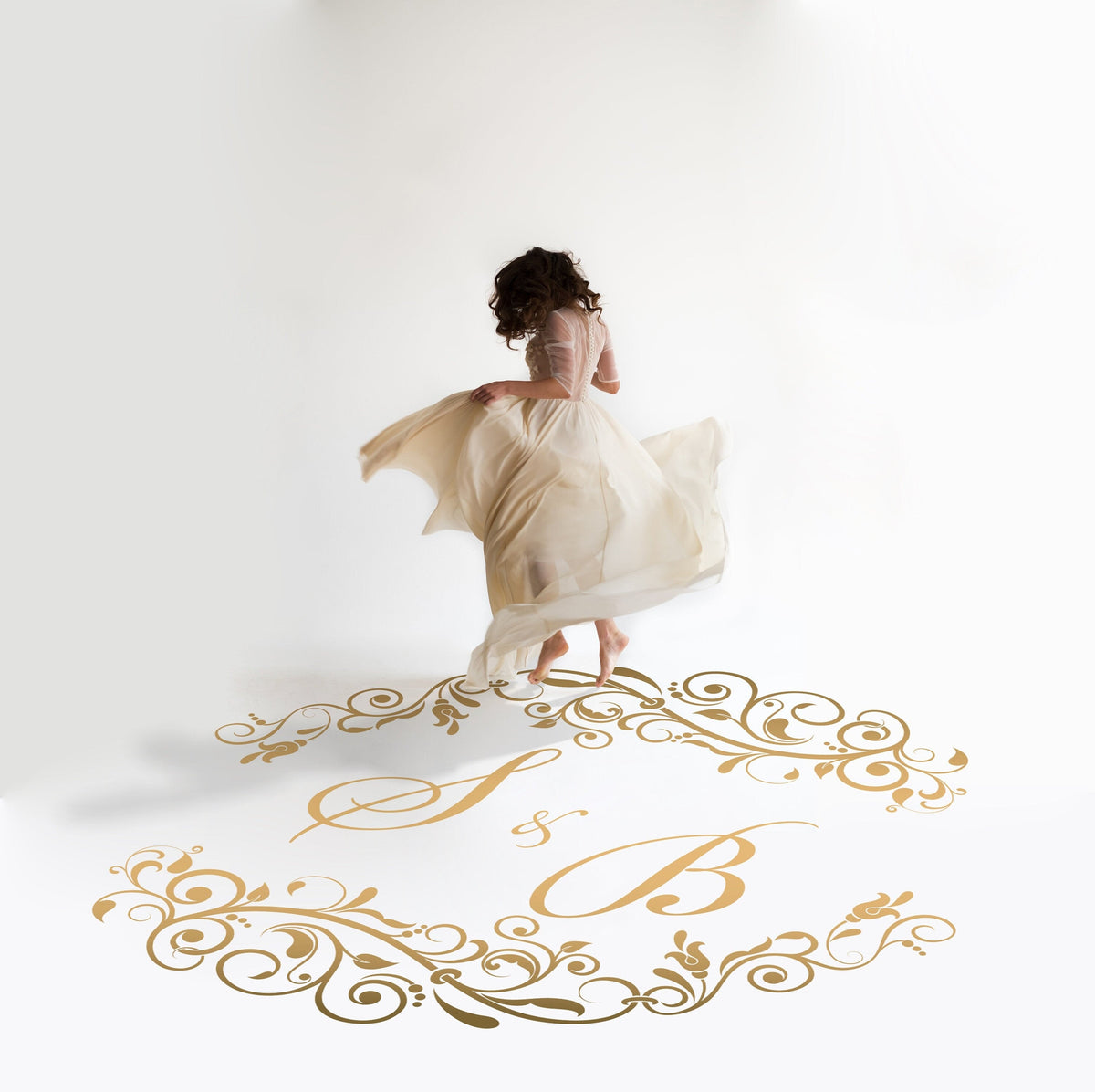 Rococo Vine Monogram Dance Floor Decal for Wedding in gold on a white wedding dance floor