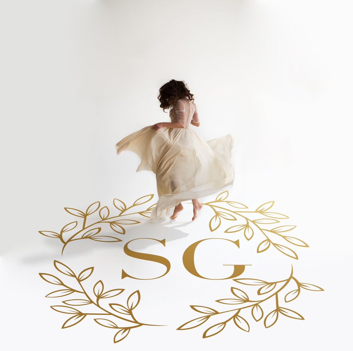 Corner Leaf Monogram Dance Floor Decal for Wedding in gold on a white wedding dance floor