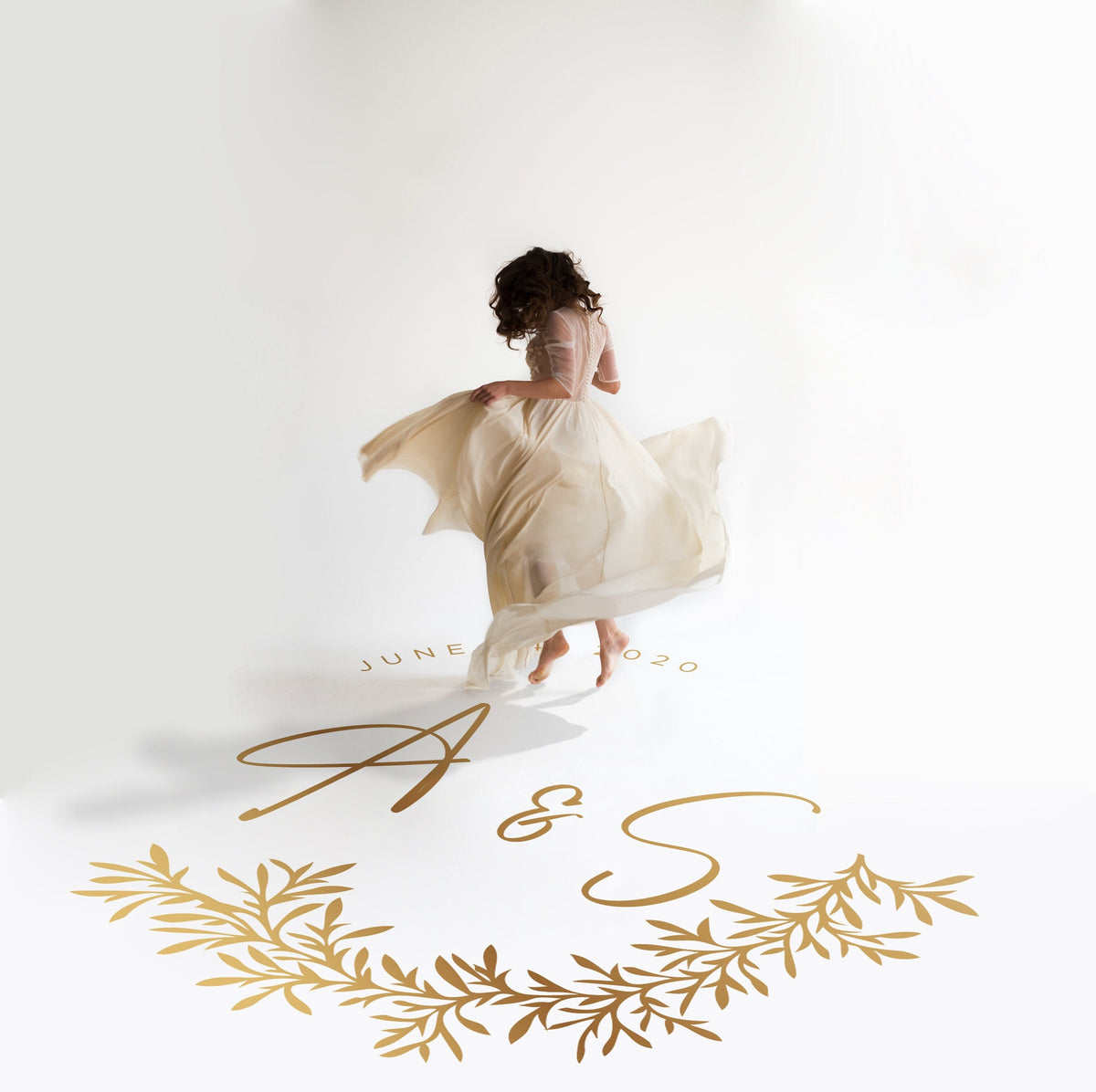 Wispy Herb Garland Dance Floor Decal for Wedding in gold on a white wedding dance floor