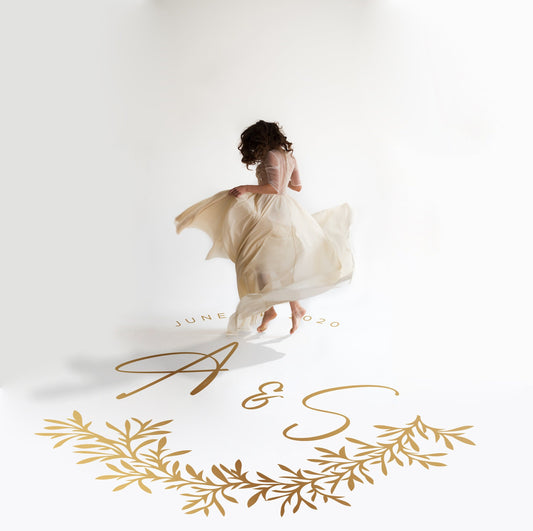 Wispy Herb Garland Dance Floor Decal for Wedding in gold on a white wedding dance floor