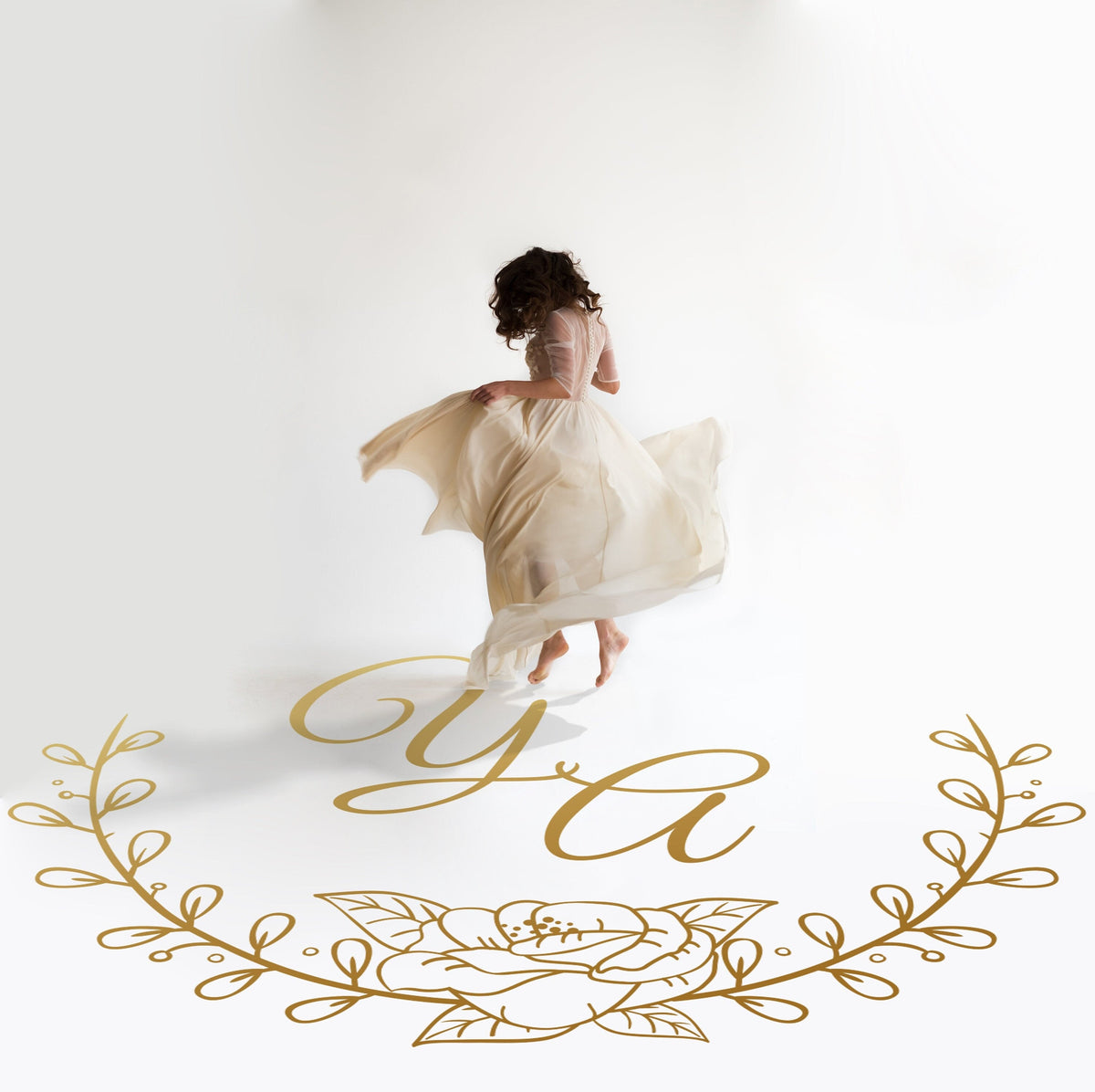 Rose Wreath Script Dance Floor Decal for Wedding in gold on a white wedding dance floor