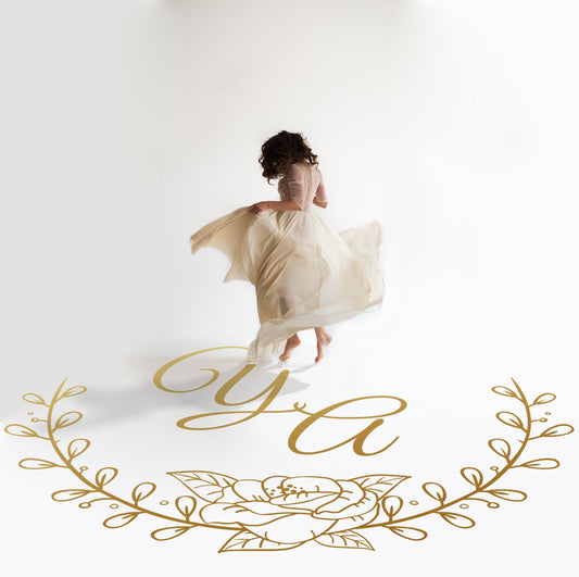 Rose Wreath Script Dance Floor Decal for Wedding in gold on a white wedding dance floor