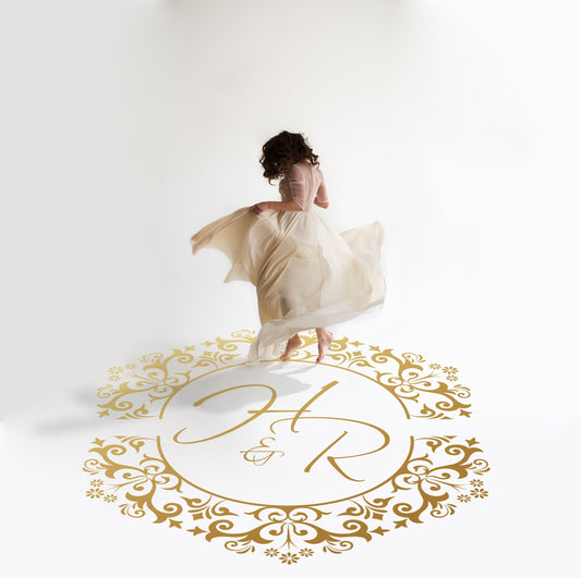 Damask Lace Monogram Dance Floor Decal for Wedding in gold on a white wedding dance floor