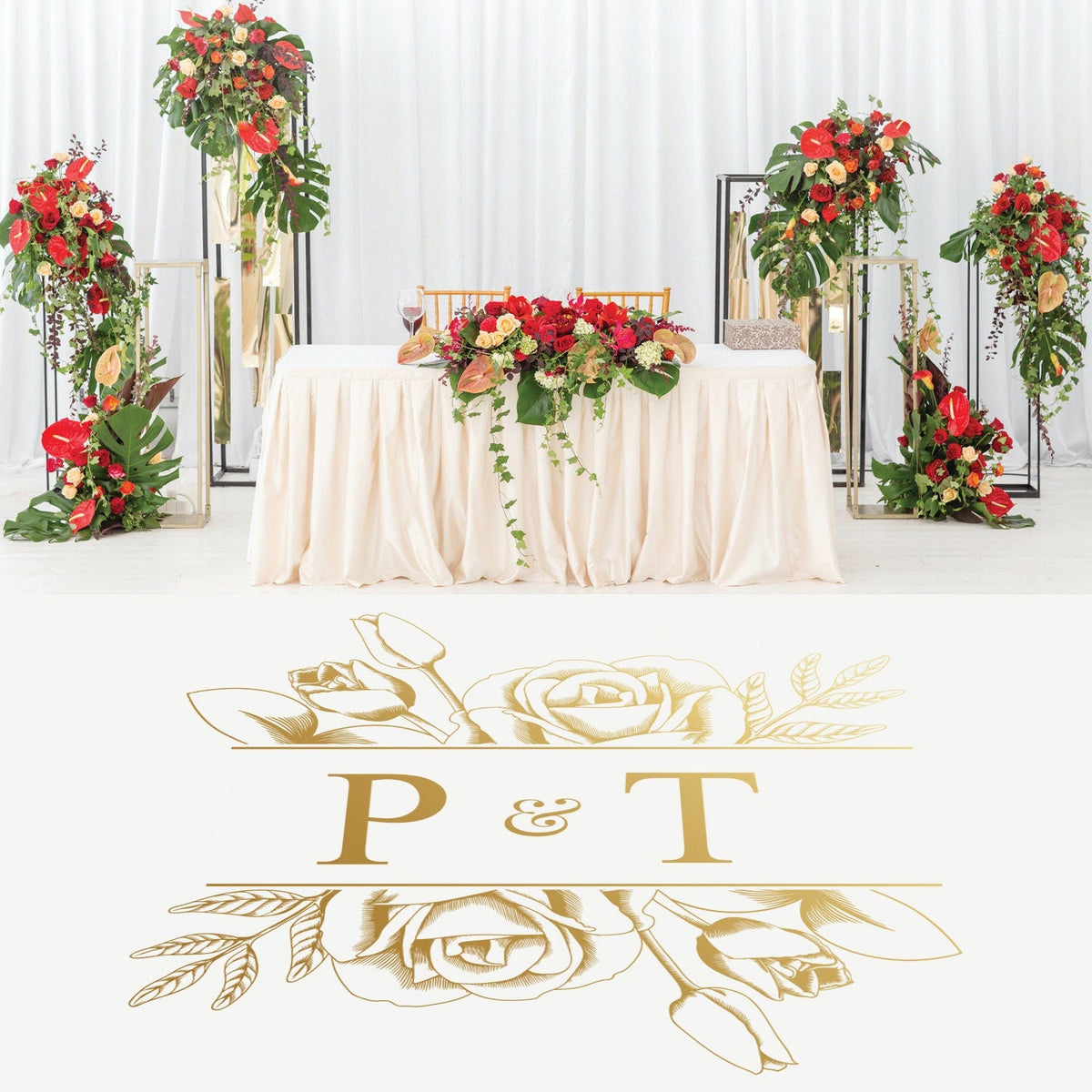 Etched Rose Garden Dance Floor Decal for Wedding shown at a wedding reception