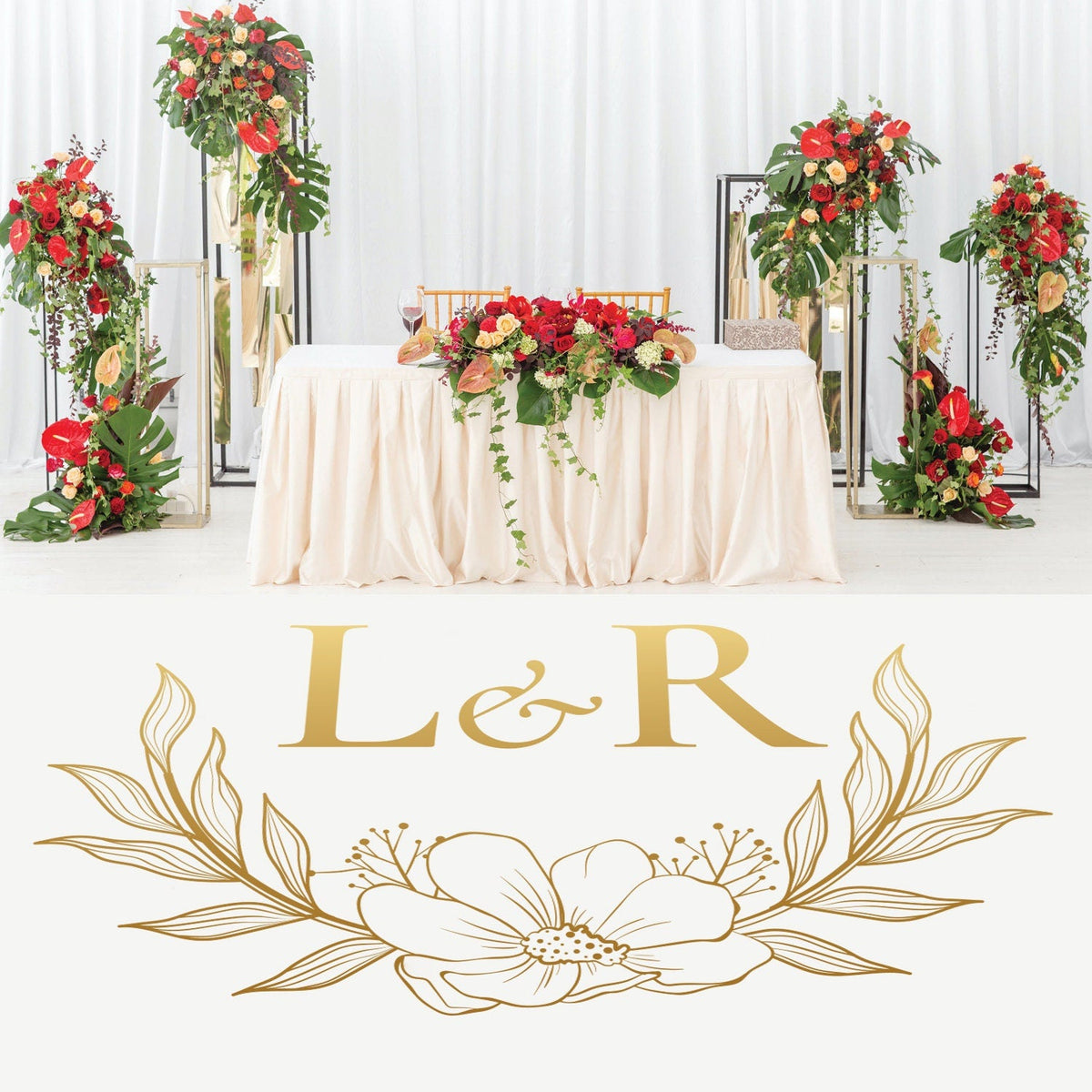 Floral Blossom Monogram Dance Floor Decal for Wedding shown at a wedding reception