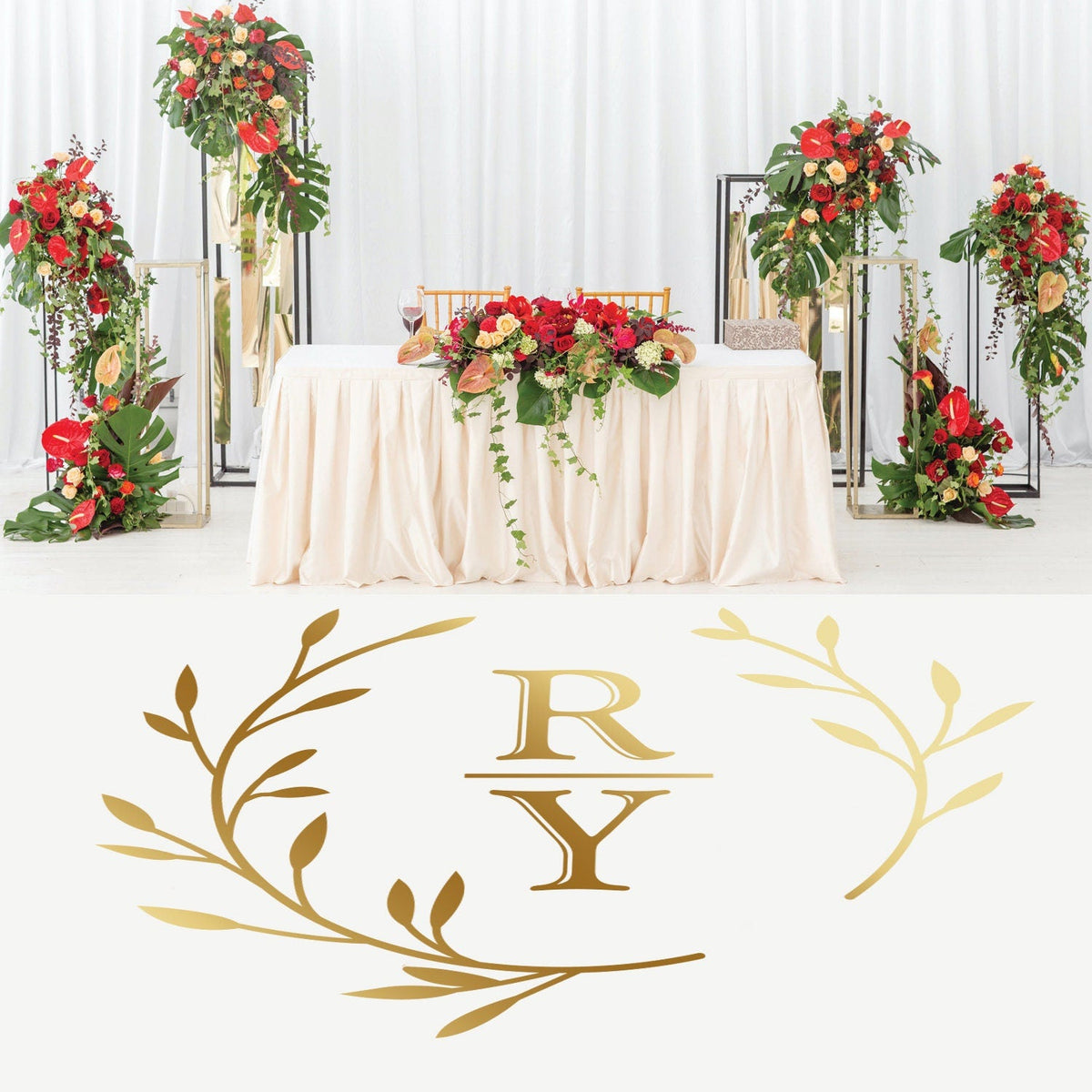 Divided Initials Wreath Dance Floor Decal for Wedding shown at a wedding reception