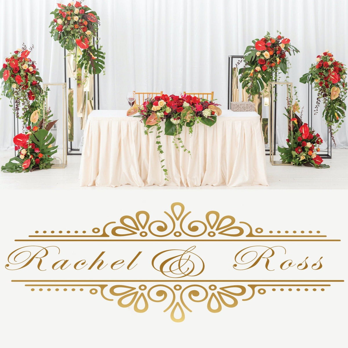 Vertical Runner Names Dance Floor Decal for Wedding shown at a wedding reception