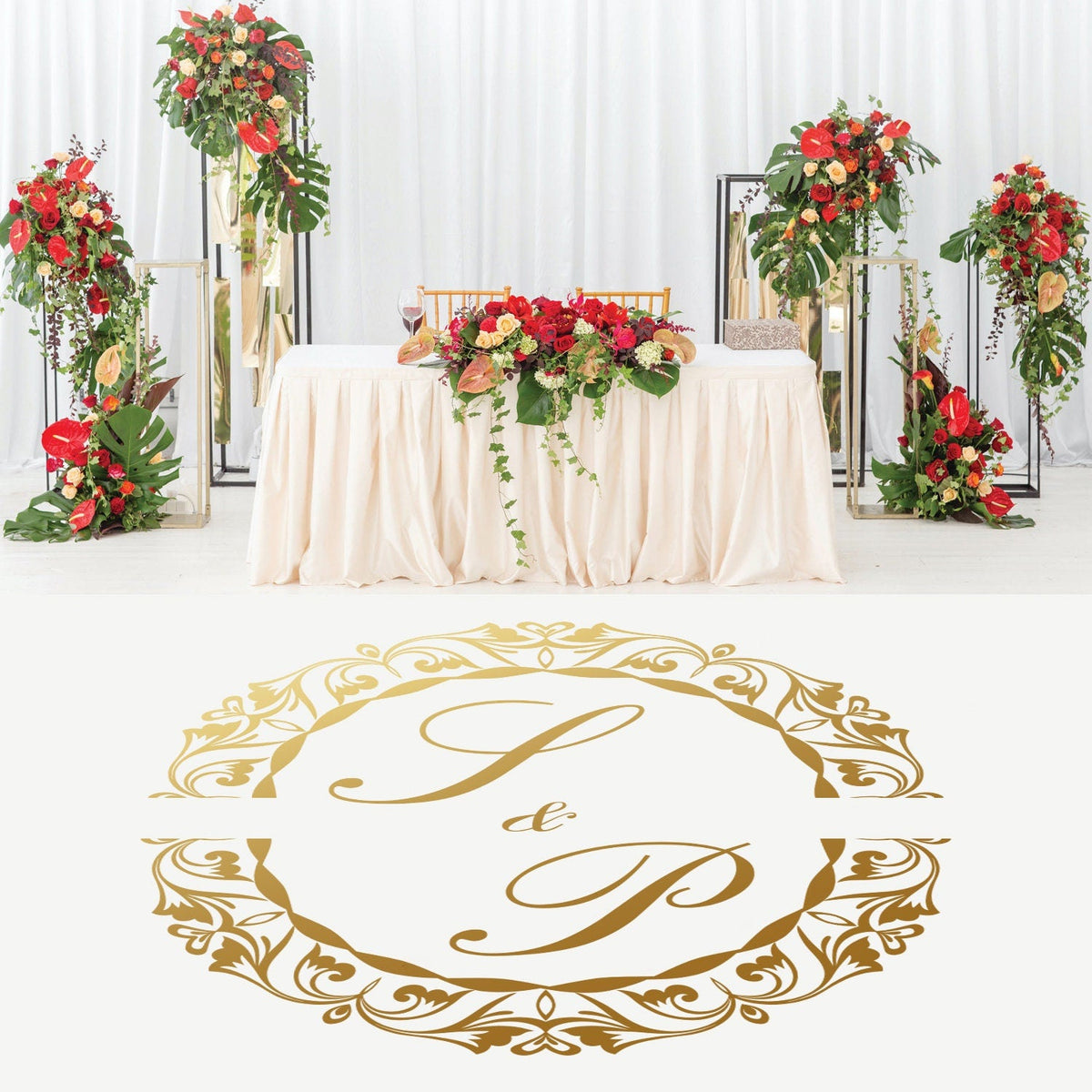 Baroque Split Ring Dance Floor Decal for Wedding shown at a wedding reception