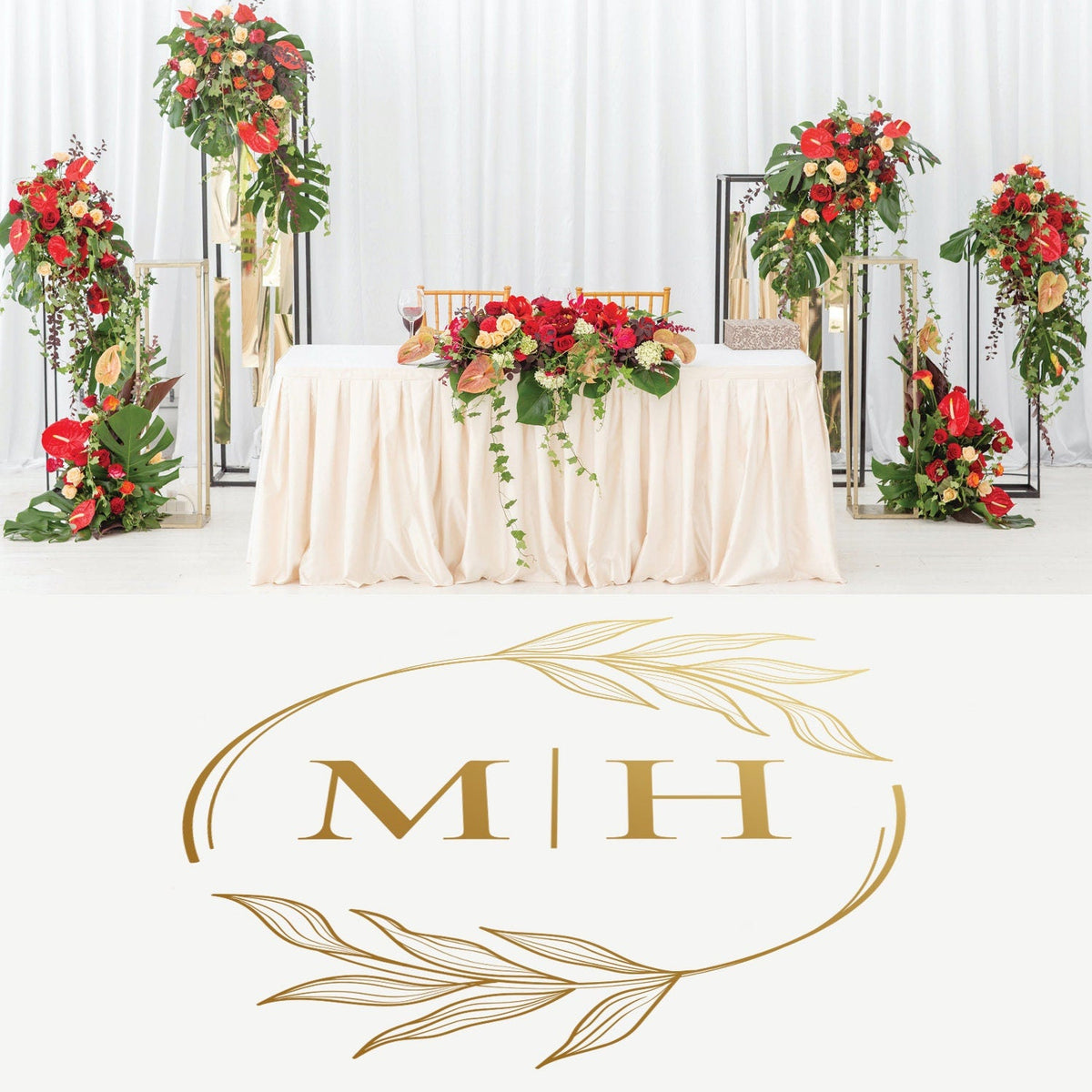 Fine Line Hoop Monogram Dance Floor Decal for Wedding shown at a wedding reception