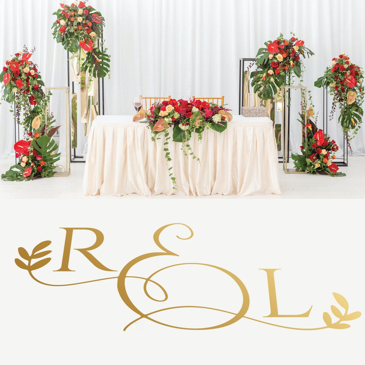 Swirl Ampersand Initials Dance Floor Decal for Wedding shown at a wedding reception