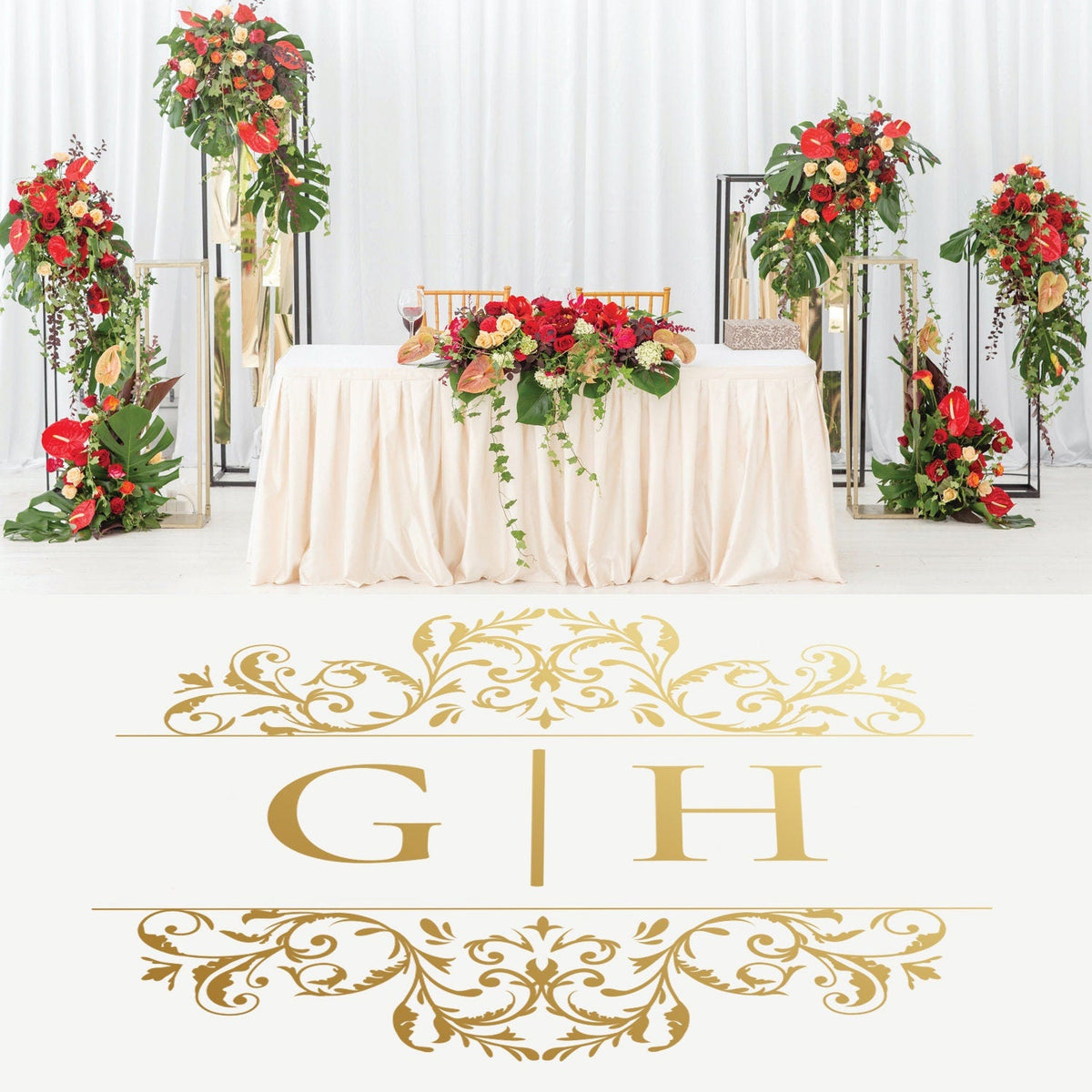 Ornate Flourish Monogram Dance Floor Decal for Wedding shown at a wedding reception