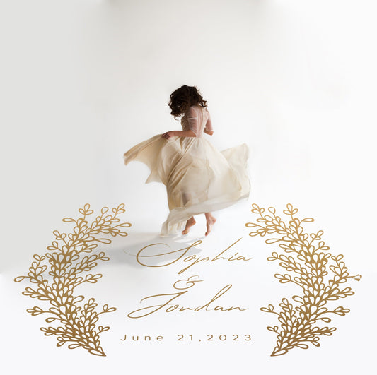 Lavender Columns Names Dance Floor Decal for Wedding in gold on a white wedding dance floor