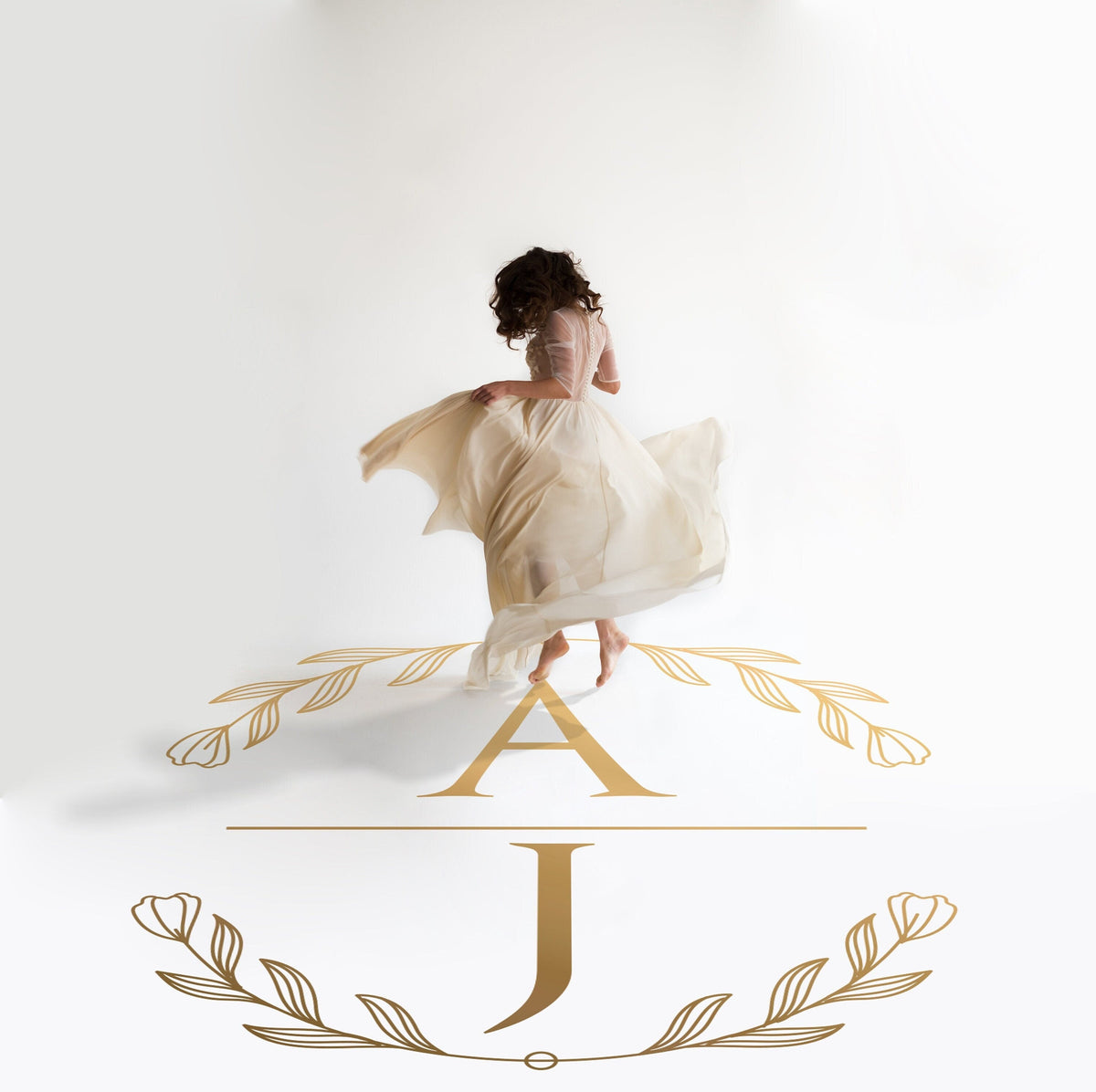 Modern Serif Names Dance Floor Decal for Wedding in gold on a white wedding dance floor