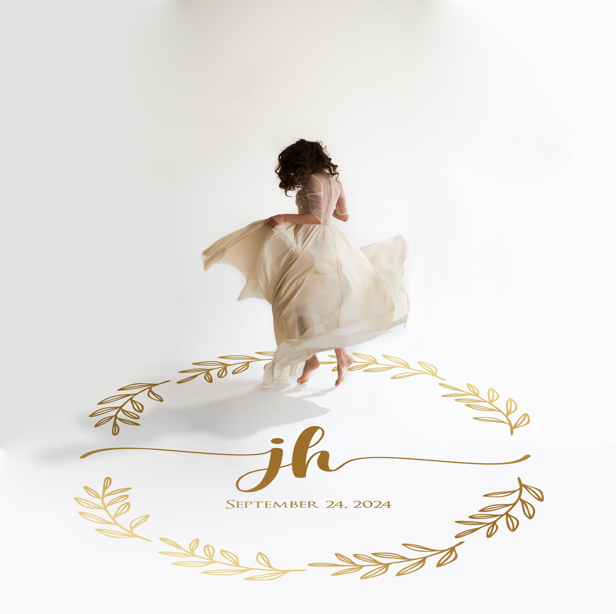 Laurel Branch Circle Dance Floor Decal for Wedding in gold on a white wedding dance floor