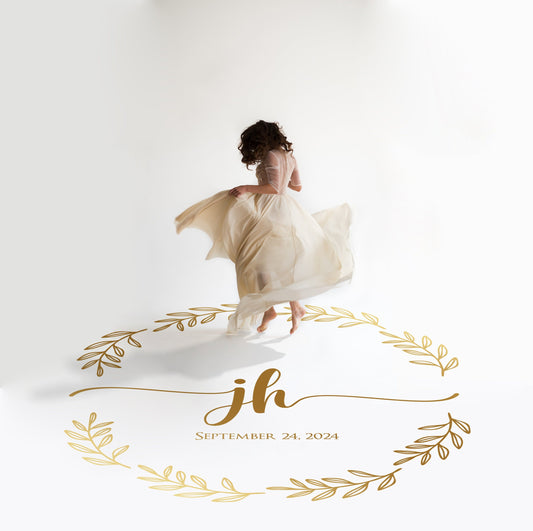 Laurel Branch Circle Dance Floor Decal for Wedding in gold on a white wedding dance floor