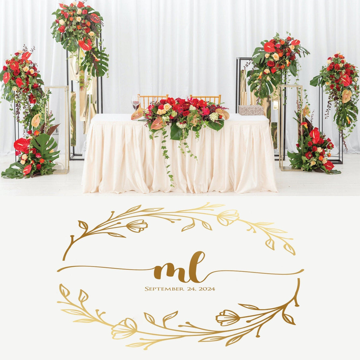Split Floral Wreath Dance Floor Decal for Wedding shown at a wedding reception